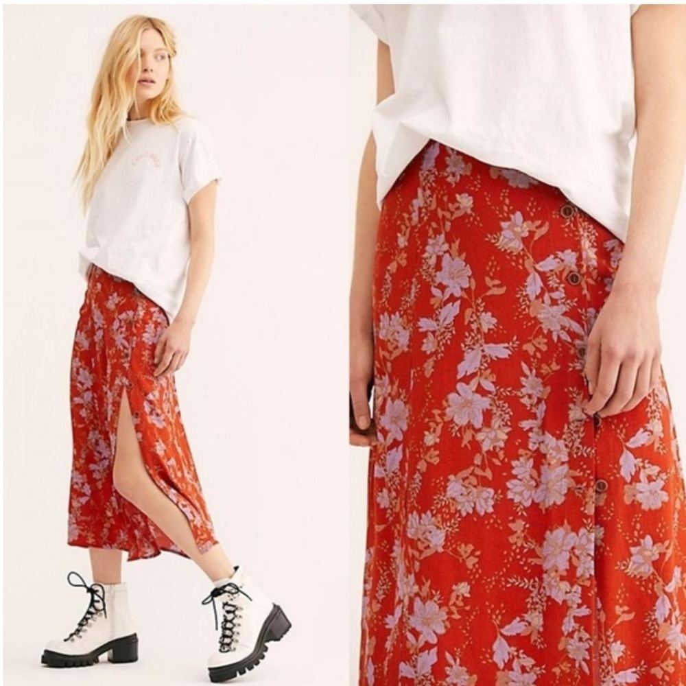 FREE PEOPLE Retro Love High Waist Midi Skirt Orange Floral Size 8 Boho Flowy